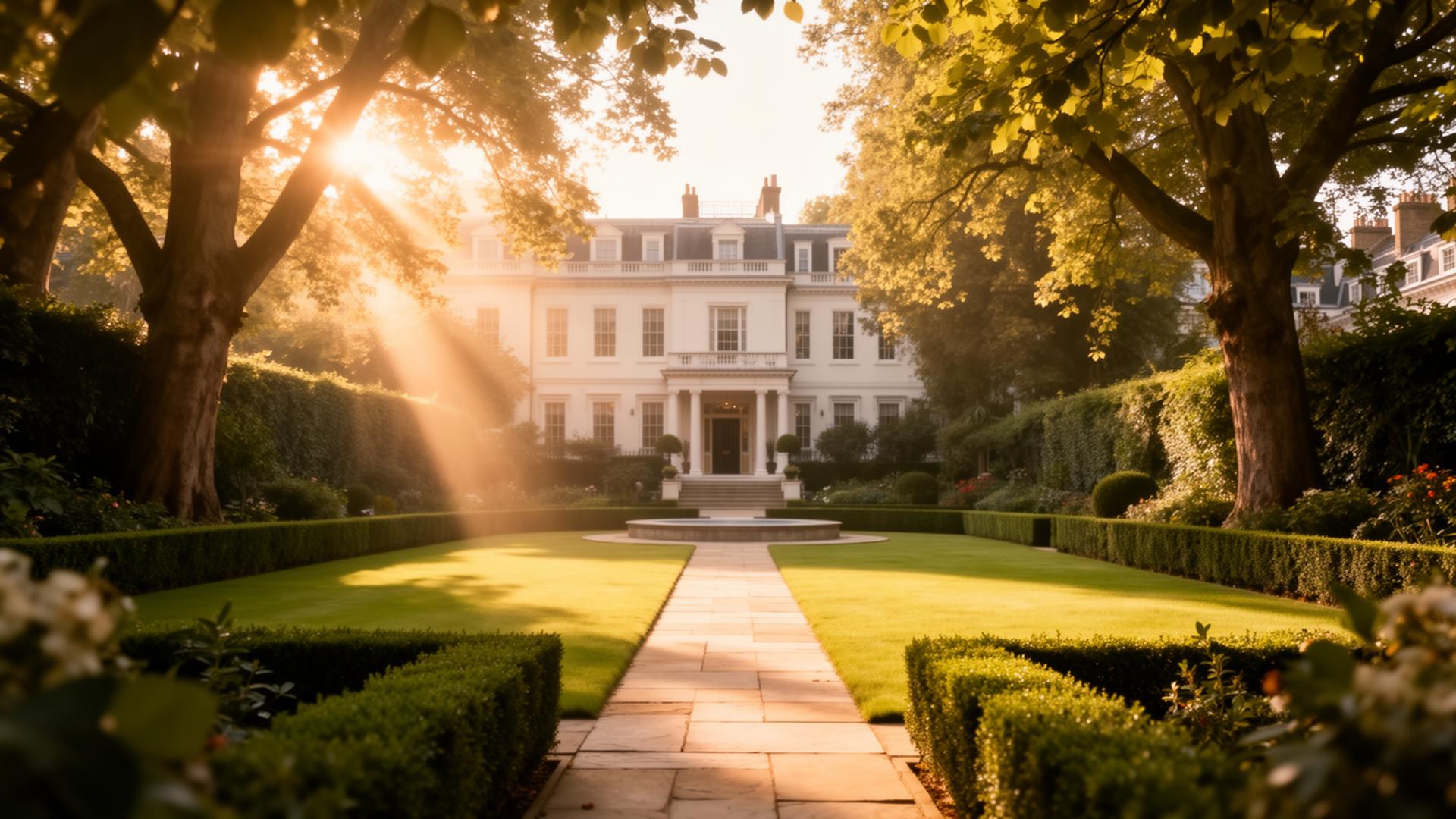Beautiful luxury London garden at golden hour